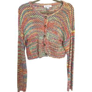 Something Navy Open Knit Rainbow Cropped Cardigan Multicolor Size Large NWOT